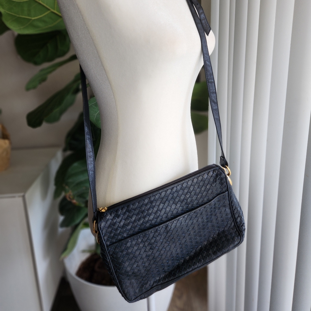 Ganson Vintage Woven Midnight Blue Navy Leather Crossbody Messenger Bag